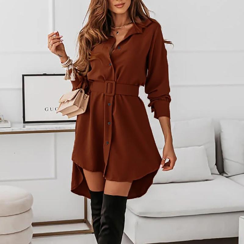 

Casual Dresses Fashion Elegant Mini Dress For Women Turn-Down Collar Long Sleeve Button Up With Sashes Sukienka, Green