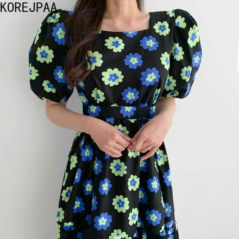 

Korejpaa Women Dress Summer Korean Fashion Chic Retro Elegant Print Slim High Waist Flower Casual Long Dresses Famale 210526, Apricot