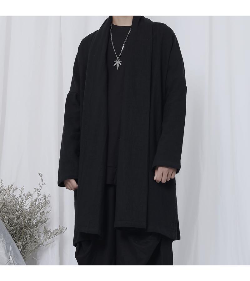 

Men' Trench Coats Pang Xiaochen Original Windbreaker Japanese Cardigan Jacket Yamamoto Style Cotton And Linen Mid-length Jac, Black