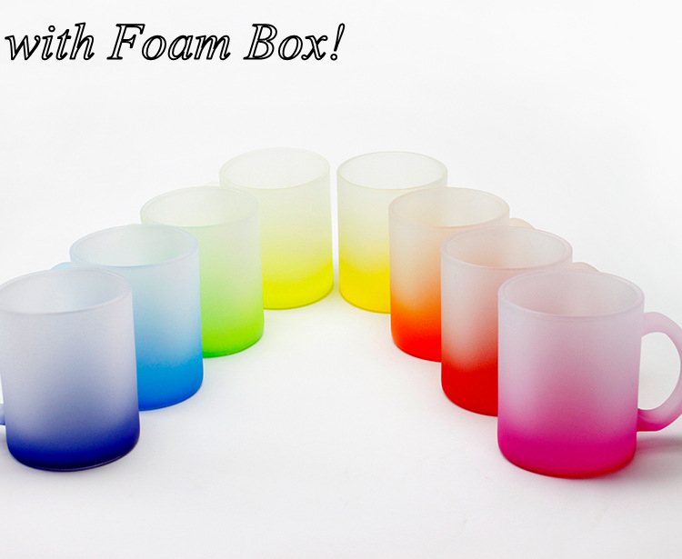 

8 Colors! 11oz DIY Sublimation Fluorescent Glass Mugs with Handle Gradient Colors Heat Transfer Printing Ombre Colored Frosted Water Cups in Individual Foam Box