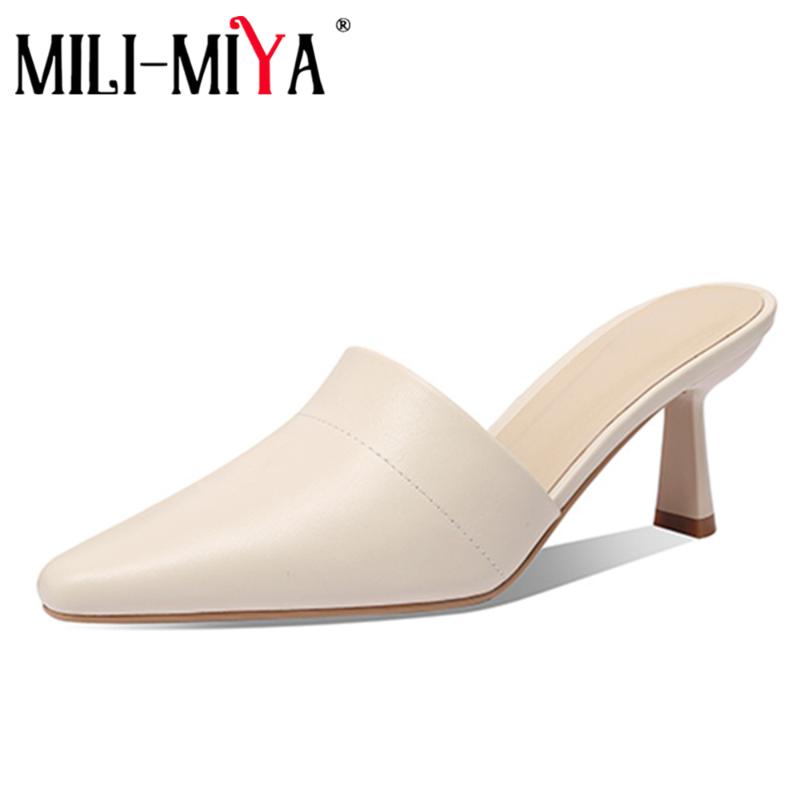 

Dress Shoes MILI-MIYA Simple Women Thin High Heels Mules Fashion Pointed Toe Slippers Summer Genuine Leather Lazy Half Wild Apricot, Black