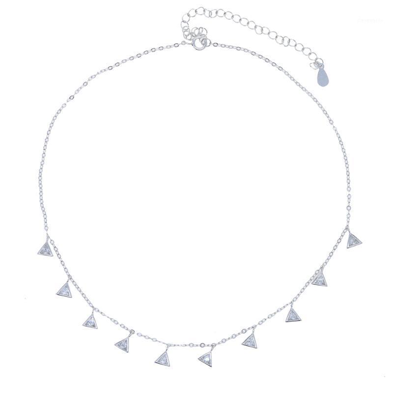 Rhodium Plated 100% 925 Sterling Silver Geometric CZ Triangle Charm Choker Necklace For Women Chains