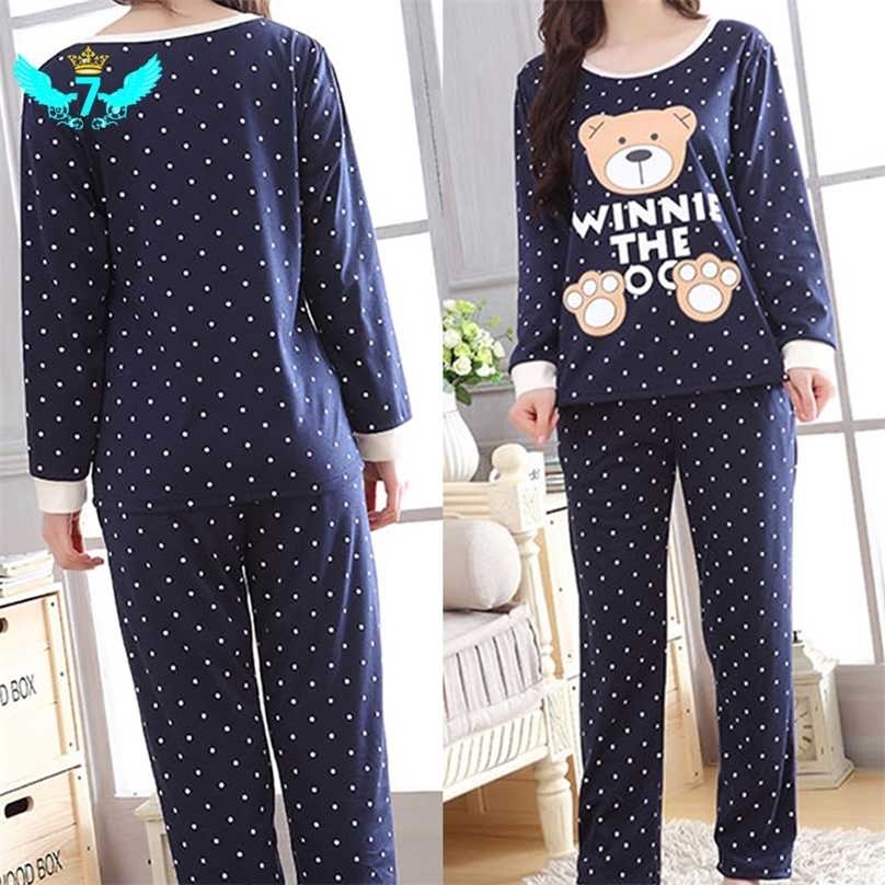 

Women's long-sleeved trousers home service suit spring and autumn winter thin cartoon bear wave point cute loose pajamas TOA 211106, Dark blue