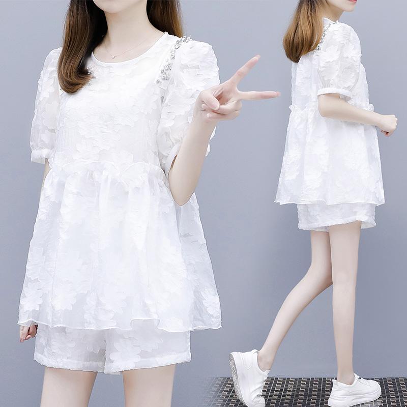 

Women' Tracksuits Short Suit Female Summer Style Lace Cover Meat Women Dress Loose Fashion Small Two - Piece, White