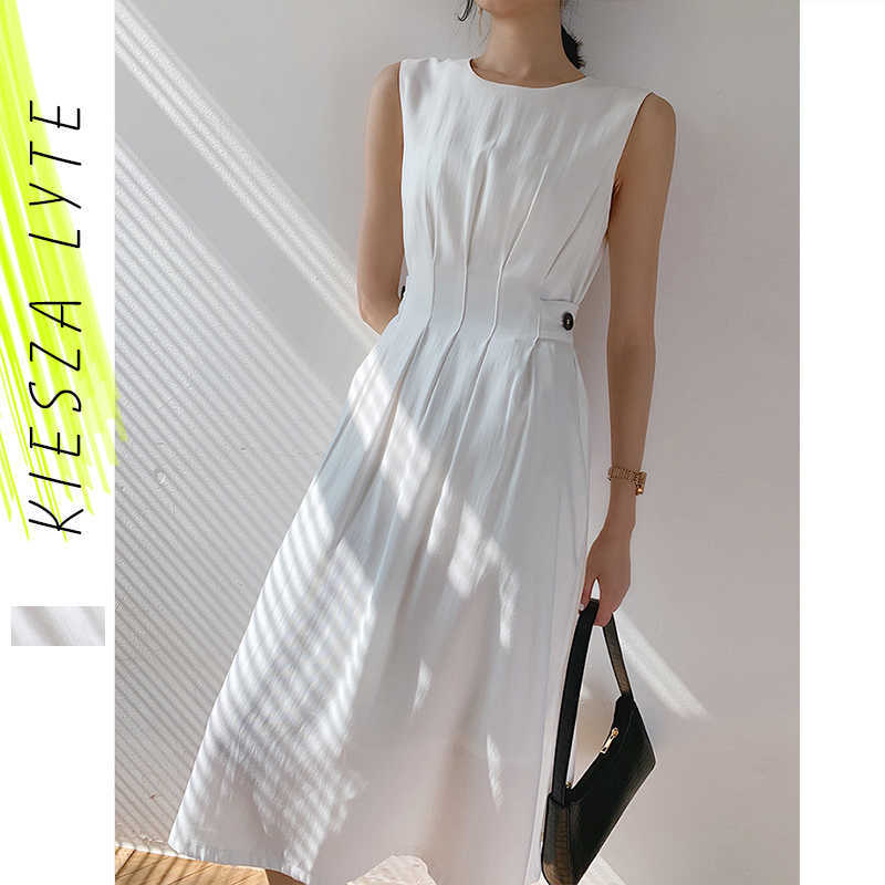 

50' 60' Vintage Women White dress for summer French Satin Sleeveless Slim A-line Pleated Dresses 210608, Black