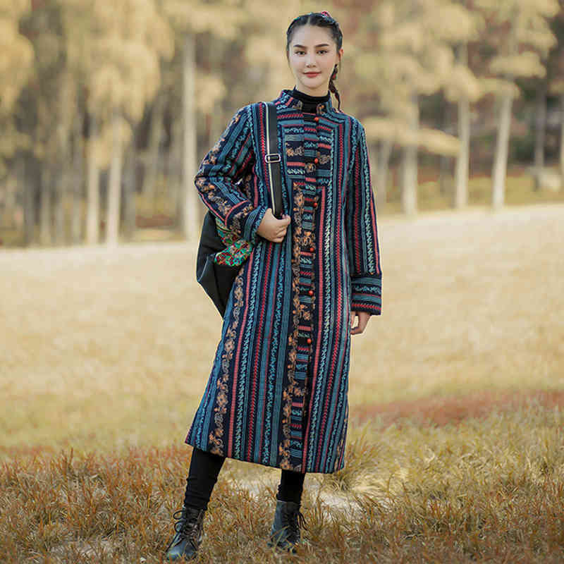 

Johnature Women Vintage Print Floral Warm Parkas Stand Long Sleeve Winter Chinese Style Female Button Parkas Coats 210521, Navyblue