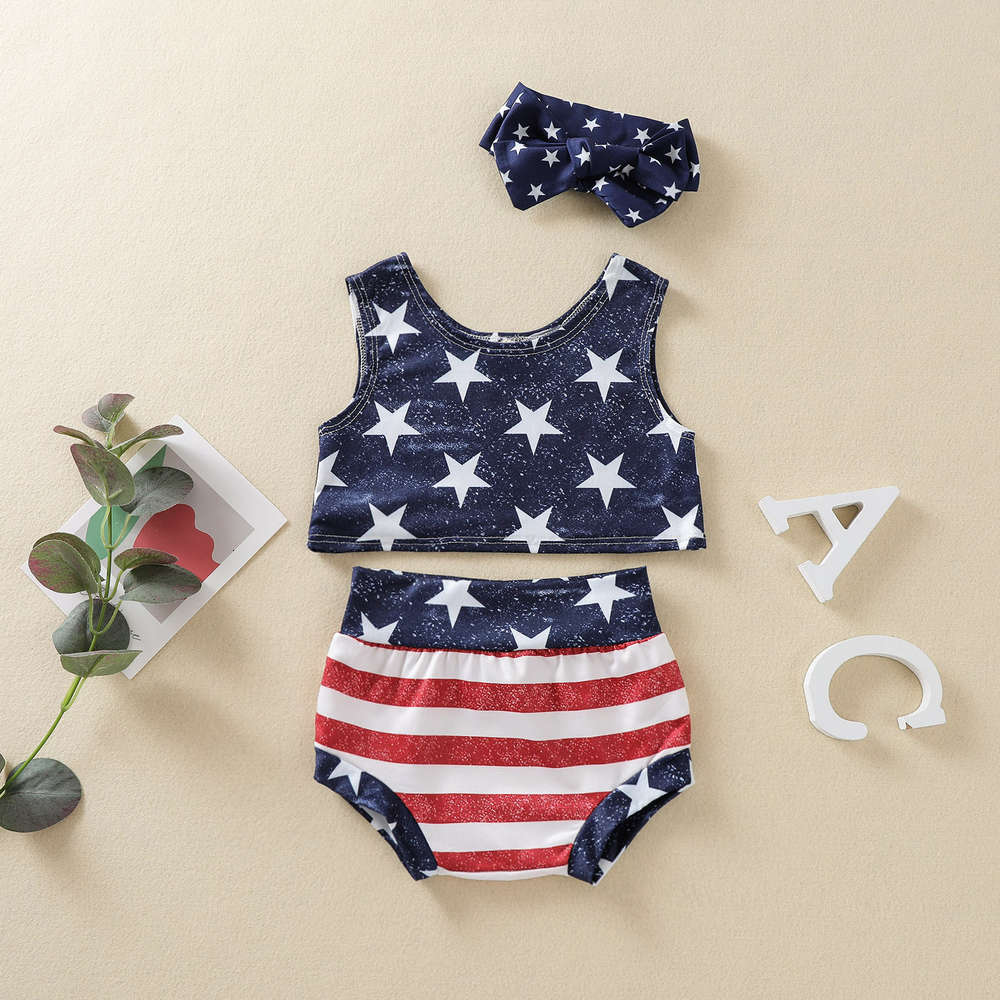 

Boys and girls suits Children's summer independence day three piece round neck sleeveless vest top striped shorts suit fashion, White