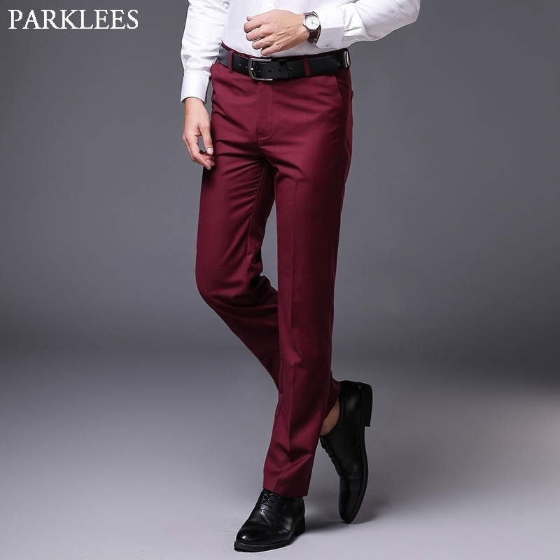 

Mens Slim Fit Straight Dress Pants Brand Flat-front Causal Trousers Male Business Formal Pantalon de Vestir Hombre Wine Red 210522
