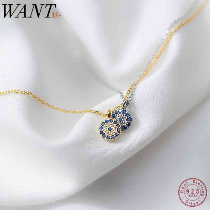 

WANTME Fashion Round Geometric Blue Evil Eyes Pendant Necklace For Women Genuine 100% 925 Sterling Silver Office Party Jewelry 210507