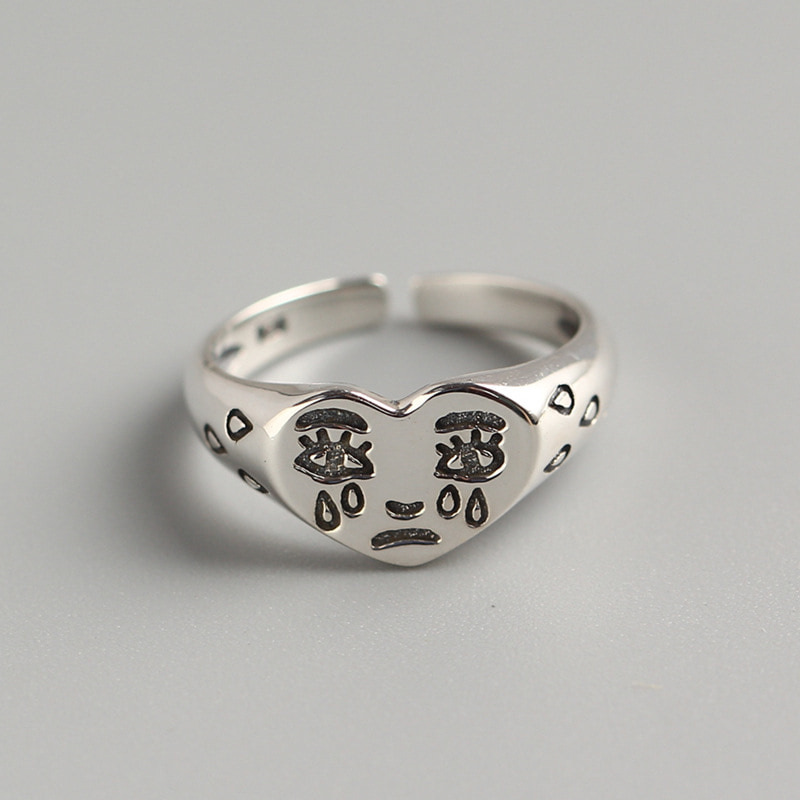 

Retro Love Crying Face Open Ring For Women Simple Ancient Silver Color Cute Geometric Sad Tears Faces Adjustable Rings