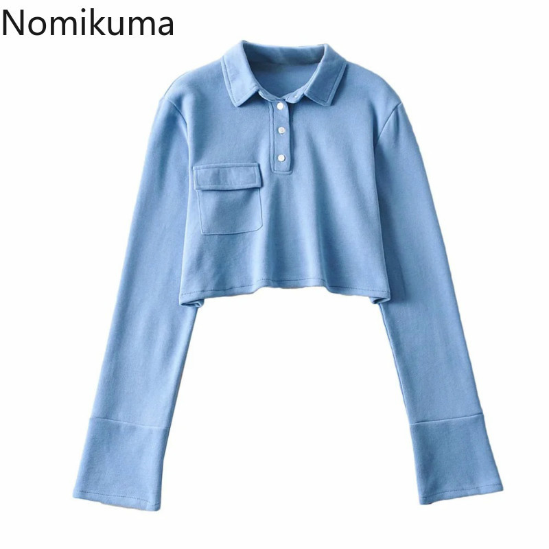 Nomikuma Sexy Crop Top Jumper Korean Causal Pocket Long Sleeve Hoodie Spring New Turn-down Collar Pullover Sweatshirt 6D823 210427