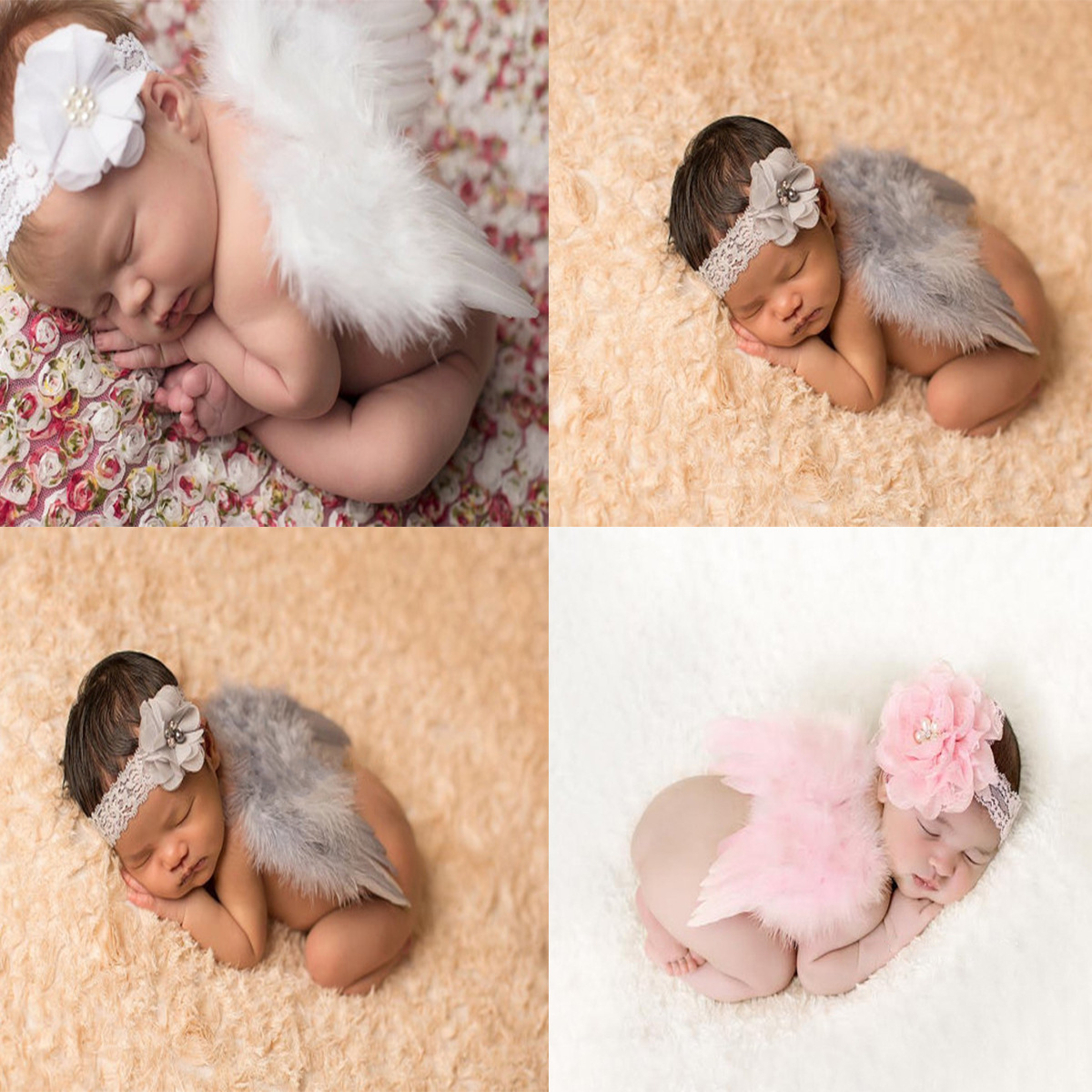 

Newborn Photography Photo Props Infant Angel Feather Wings with chiffon flower hair band 2pcs sets Baby Soft Outfits Costume Accessory 0-6 Months, Pls pay the different