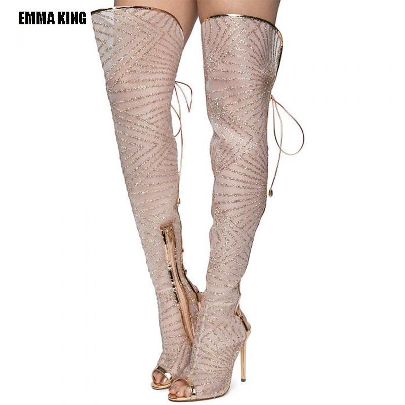 Lace Thigh High Peep Toe Boots 