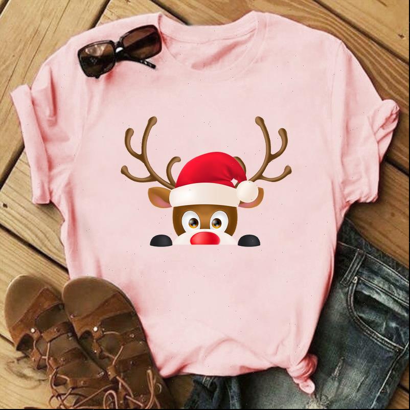 

kawaii christmas elk cartoon women t shirt print oversized round neck soft clothes pink tee,drop ship, White