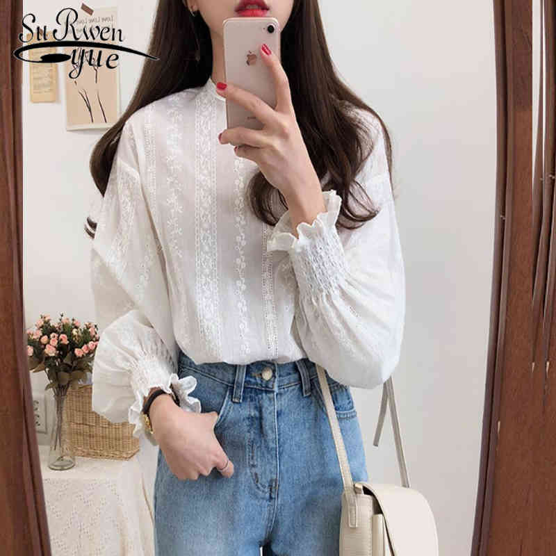 

Casual white Tops Embroidery Lace Shirt Spring Women Long sleeve Linen Cotton Girls Blouse Plus Size Blouses 6874 50 210521