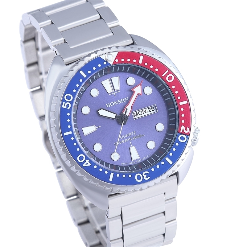 

HONMIN Men's PADI Water Ghost Quartz Watch Silver Strap Black Red Orange Frame LJ201212, Blue