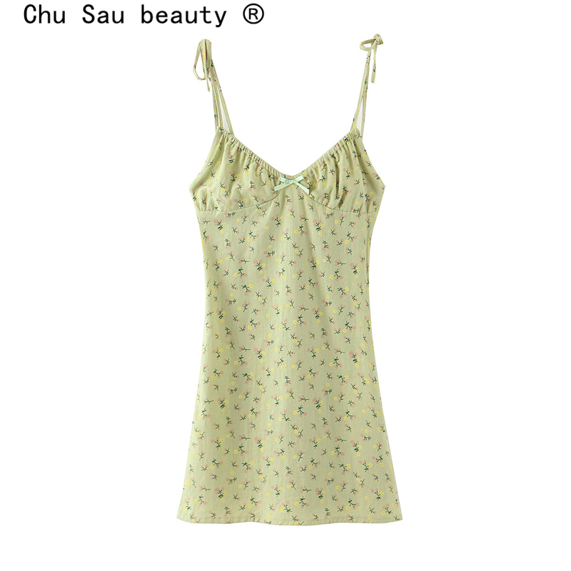 

Chu Sau beauty New Casual Chic Floral Print Sling Mini Dress Women Holiday Bow V-neck Dress Summer Sexy Backless Ladies Dresses, Sw1358