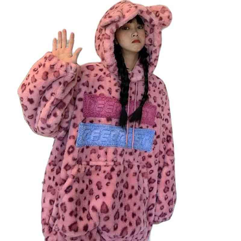 

women's sweaters inverno mais tamanho camisola feminina kawaii roupas harajuku letras doces com capuz e pulÃ´ver grosso forma de leopard, White;black