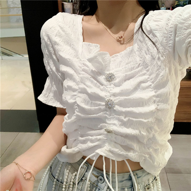 

Lucyever Fashion Slim Drawstring White Chiffon Shirt Women Summer Casual Folds Puff Short Sleeve Shirts Woman Wild Button Tops 210521