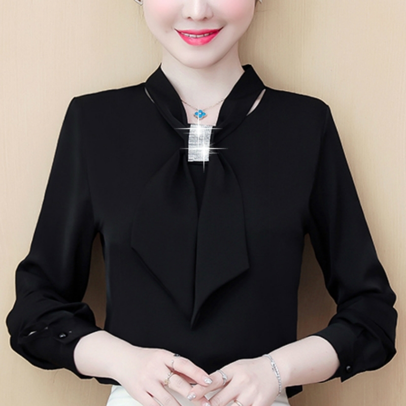 

Womens Tops And Blouses Bow Collar Chiffon Blouse Shirt Women Clothes Fashion Woman Blouses Long Sleeve Blouse Women C877 210602, Black
