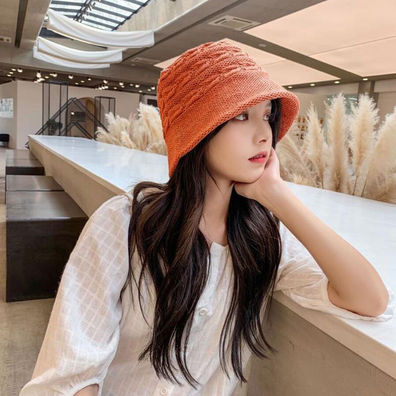 

Korean Pure Color Arrow Knitting Bucket Hat Spring Summer Brand Cotton Natural For Women Fashion Wide Brim Cap Hats, Black