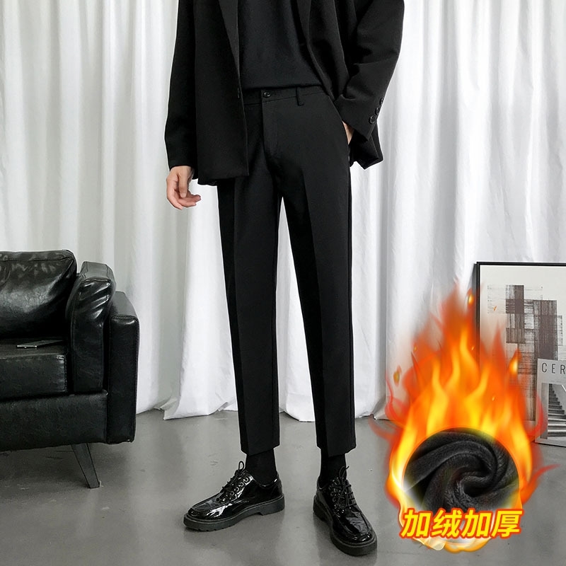 

Western trousers drop feeling Plush cropped slim fit small feet Korean fashion autumn and winter casual pants men's straight, 801 nines - black