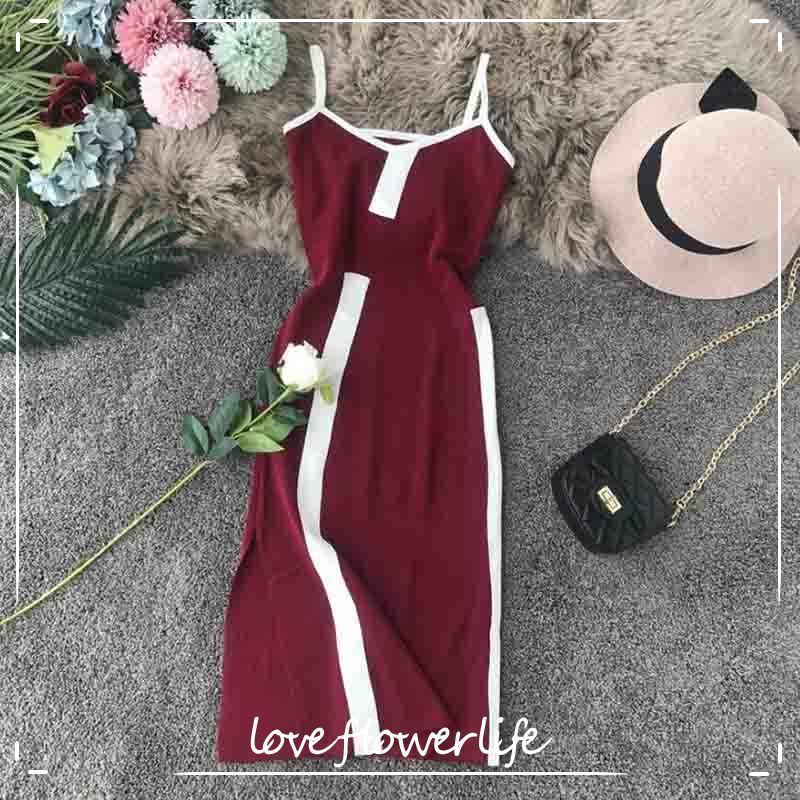 

Vintage Women Dress Summer Stripe Splice Slim Sexy Knitted Dress Sleeveless Spaghetti Strap Split Bodycon Dress Vestido 210521, Gray