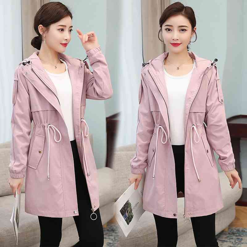 

2021 windbreaker medium long spring and autumn Korean drawstring hoodie coat thin jacket fashion women's wear, Pink