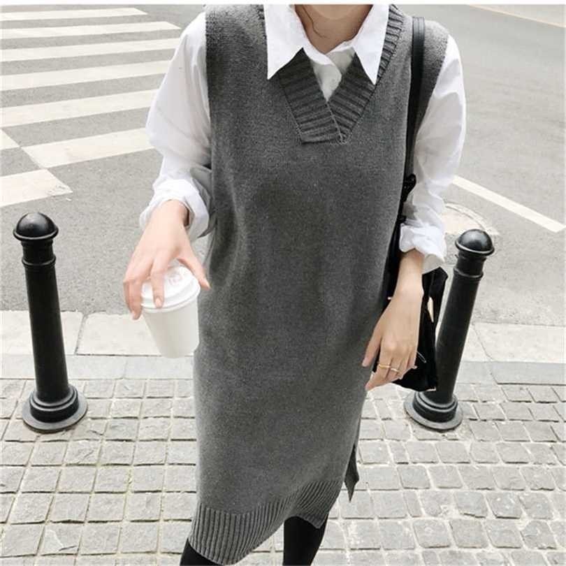 

Fall Women Clothing Loose Sleeveless Sweater Dress Vest Sweaters Knitting Long Knitted Wool Oversize Pullover 211109, Gray