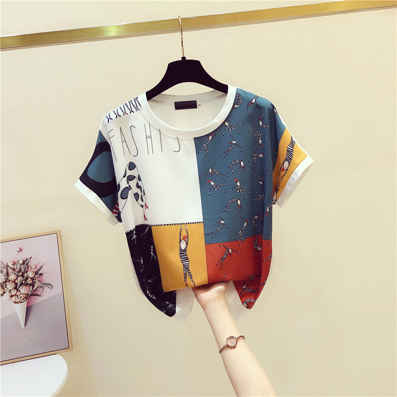 

2021 Summer Tops Vintage Print Loose T Shirt Women Short Sleeve Tee Shirt Femme Chiffon tshirt, As pictures