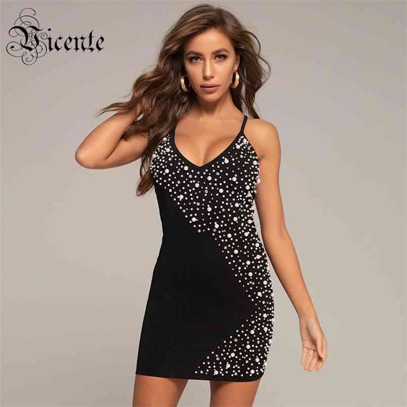 

Chic Pearl Embellished Sexy V Neck Sleeveless Back Cross Design Celebrity Party Club Slip Dress 210520, Black