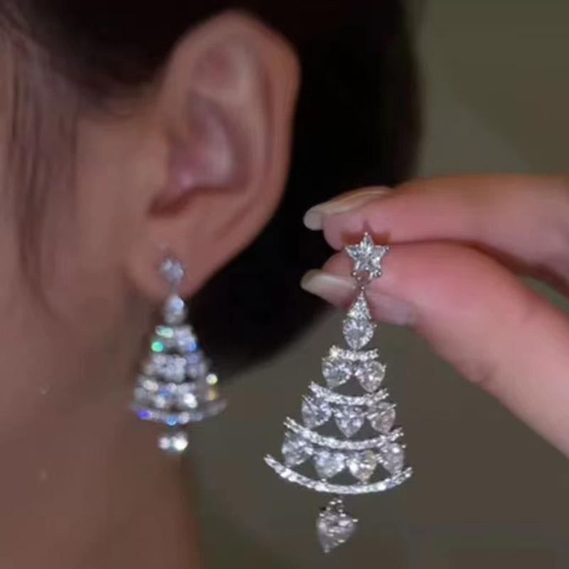 

Dangle & Chandelier Trendy Jewelry Christmas Tree Earring Female Grade Feeling Eardrop Temperament All Match Show Face Thin Festival Gift, Silver
