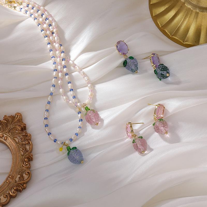 

Dangle & Chandelier Origin Summer Korean Transparent Crystal Strawberry Earring For Women Causal Bead Party Pendant Necklace Jewelry, Silver