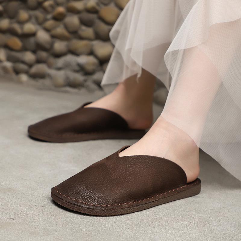 

Slippers Summer Brown Woman Genuine Leather Home House Indoor Socks Girls Retro Vintage Mori Girl Shoes Cowhide Slides, Coffee