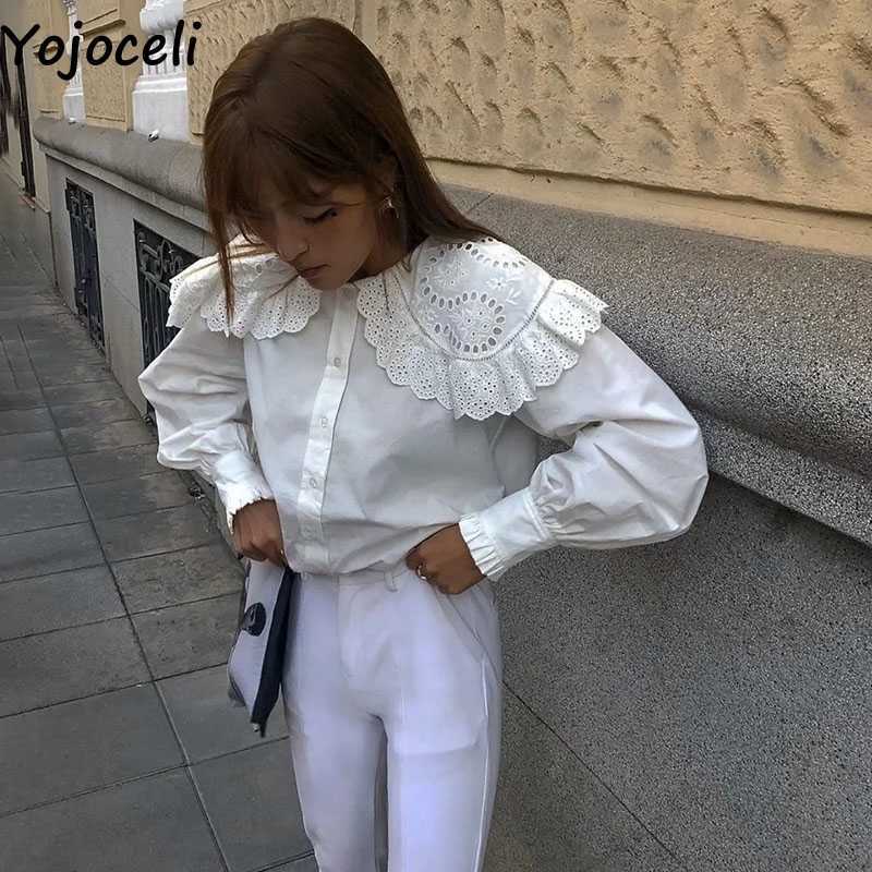 

Yojoceli Elegant peter pan collar white lace blouse women Autumn Spring floral cool Casual basic sexy blusas female tops 210609