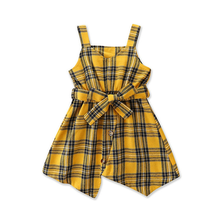 

Small Girl's Sling Dress Sleeveless Plaid Children Dress Summer Kids Dress Fashion Cute Casual Irregular Dresses 100 110 120 130 140, Yellow