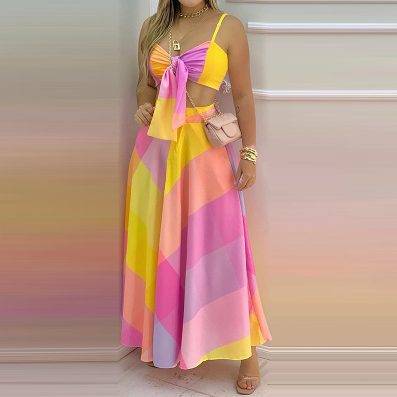 

Colorful Square Skirt Sexy Tracksuit Woman Two Pieces Boho Outfit Suits Halter Sling Tanks and Ruched Long Skirts Matching Sets 210521, Multicolor