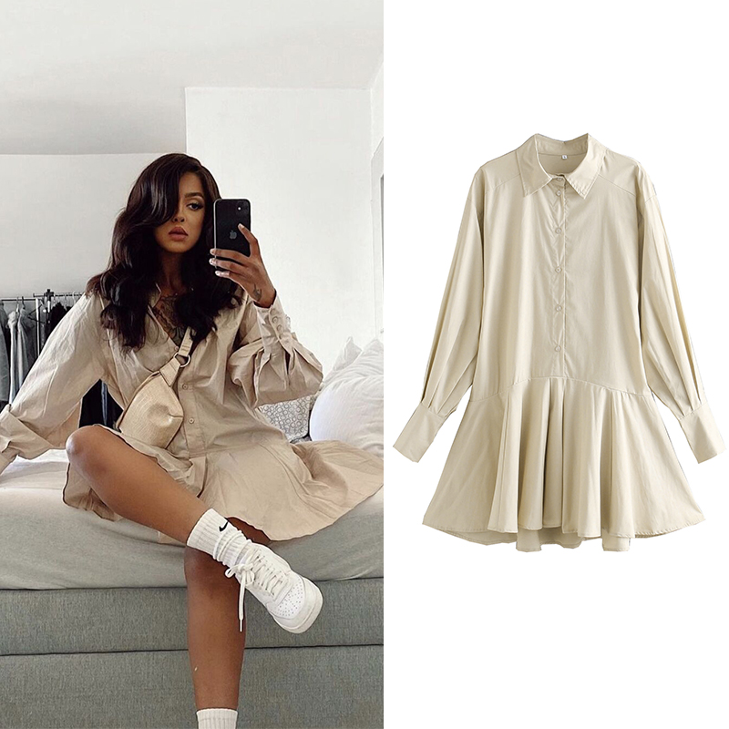 

Za Office Lady Women Dress Cotton Autumn Shirt Dress Long Sleeve Draped A-Line Mini Dresses Elegant Mujer Vestidos, As picture