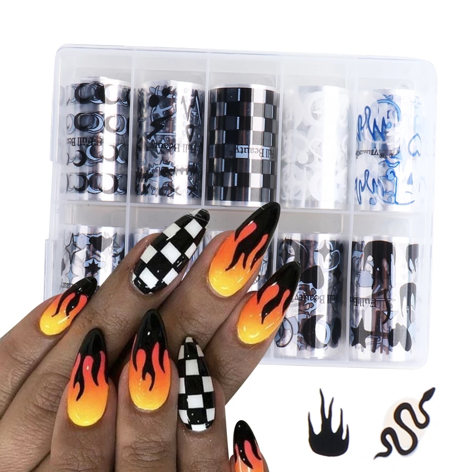 

1Box Fire Moon Snake Nail Foil Paper Stickers Black Demon Face Star Patterns Polish Transfer Decal Wrap Nails Decorations, As picture