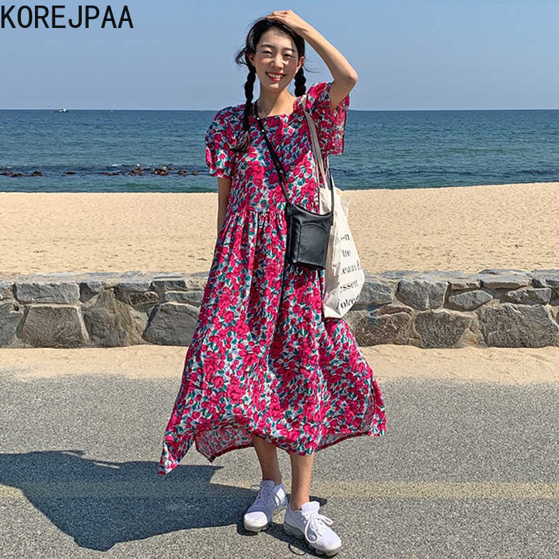 

Korejpaa Women Dress Summer Korean Chic Girl Western Style Slim Square Neck Floral Print Loose Back Single-Breasted Vestido 210526, Photo color