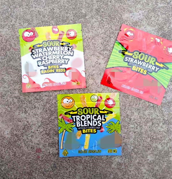 

sour bites mylar bag edibles packaging food grade zipper resealable heat seal 10*10cm 600mg 3 designs