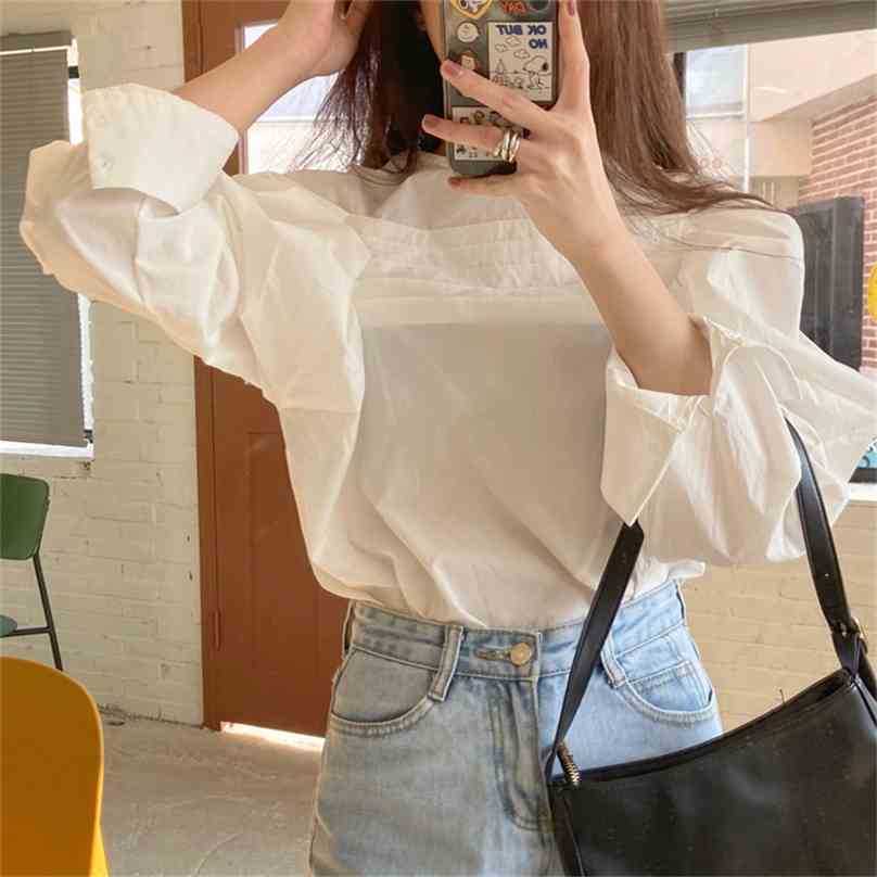 

White Minimalist Pleated Office Lady High Street Loose Solid Girls Sweet Summer Chic All Match Tops Blouses 210525, Photo color