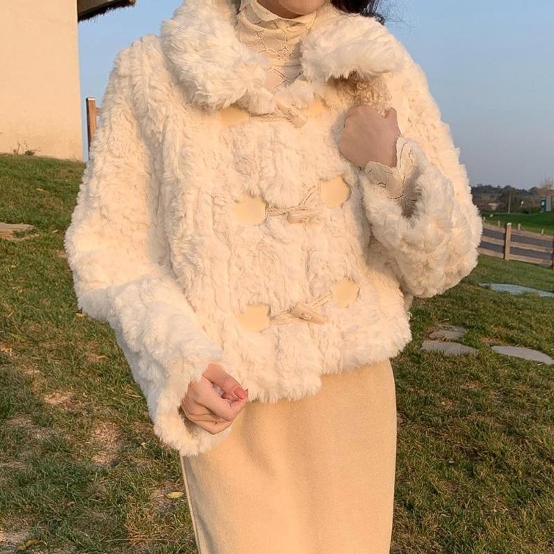 

Women' Fur & Faux Winter Rex Coat Jacket Women Fashion Warm Coats Slim Turn-down Collar Plush Outerwear Girl Cute Furry Overcoat, Khaki