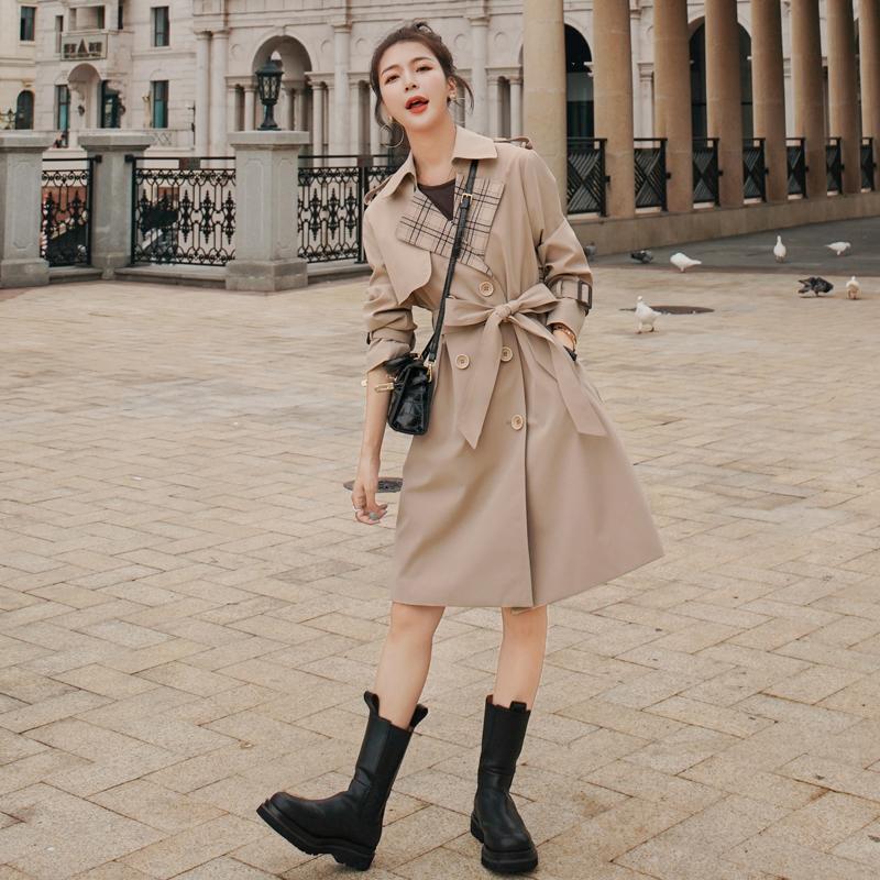

Women's Trench Coats Fashion England Style Women Coat Double-breasted Long Duster Plaid Patchwork Outerwear Spring Autumn Windbreaker Age, Tan;black