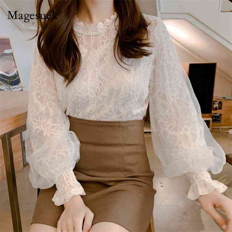

Autumn Female Camisa Vintage Korean Top Office Lady Clothes Long Sleeve Lace Blouse Women Sweet O-neck Women' Shirt 10456 210518, Apricot