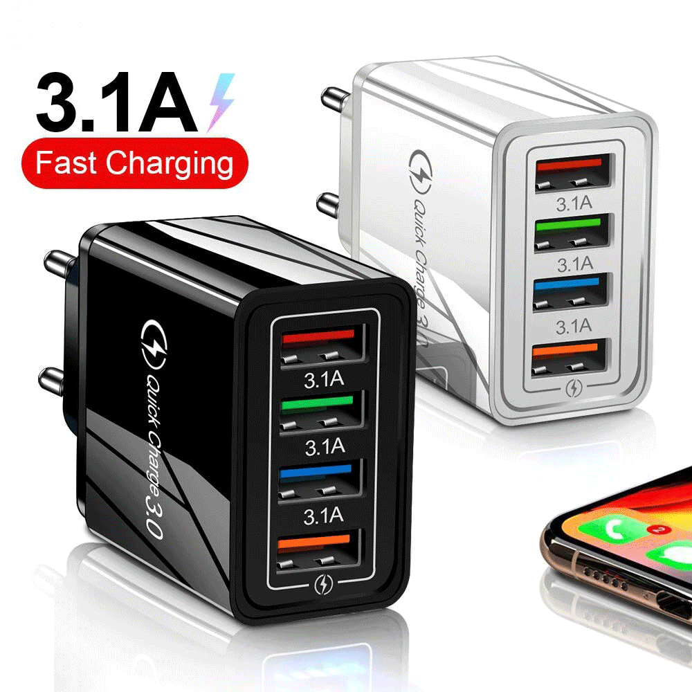 

3.1A Fast Power Adapter USB Charger 4USB Ports Adaptive Wall QC3.0 Quick Charging Travel universal EU US Plug opp pack