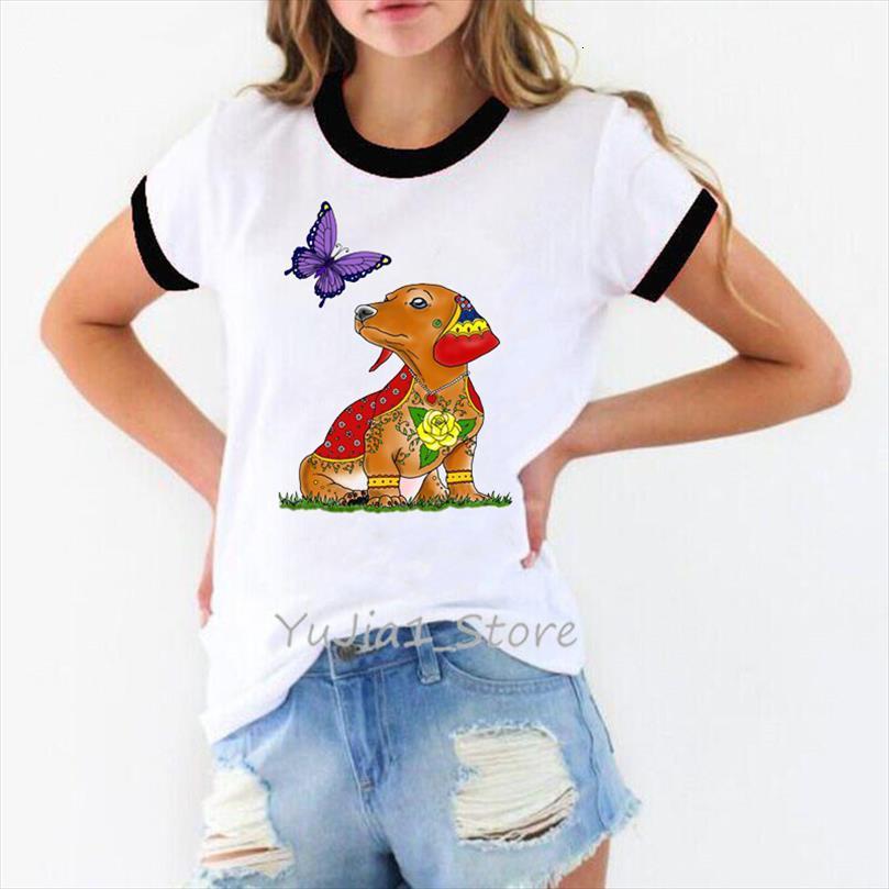 

dachshund butterfly printed cartoon mens t shirts and women animal dog lover harajuku summer clothes punk tee femme, White;black