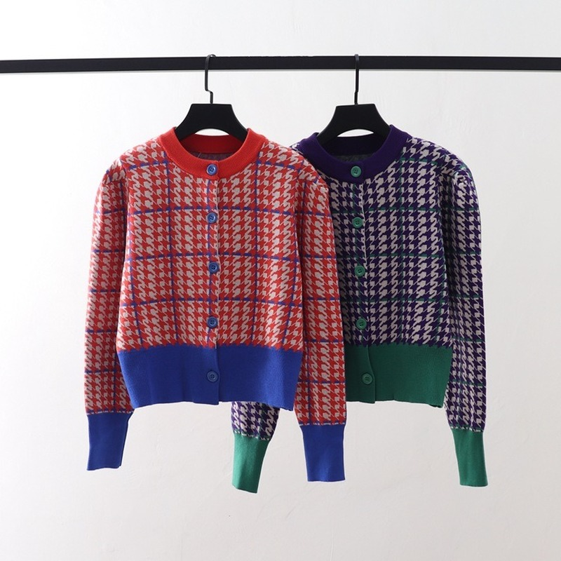 

2022 Vintage Plaid Sweater Cardigans Women Knit Crop Tops O-Neck Jersey England Style Outerwear Spring Autumn Japanese Korean in, Purple