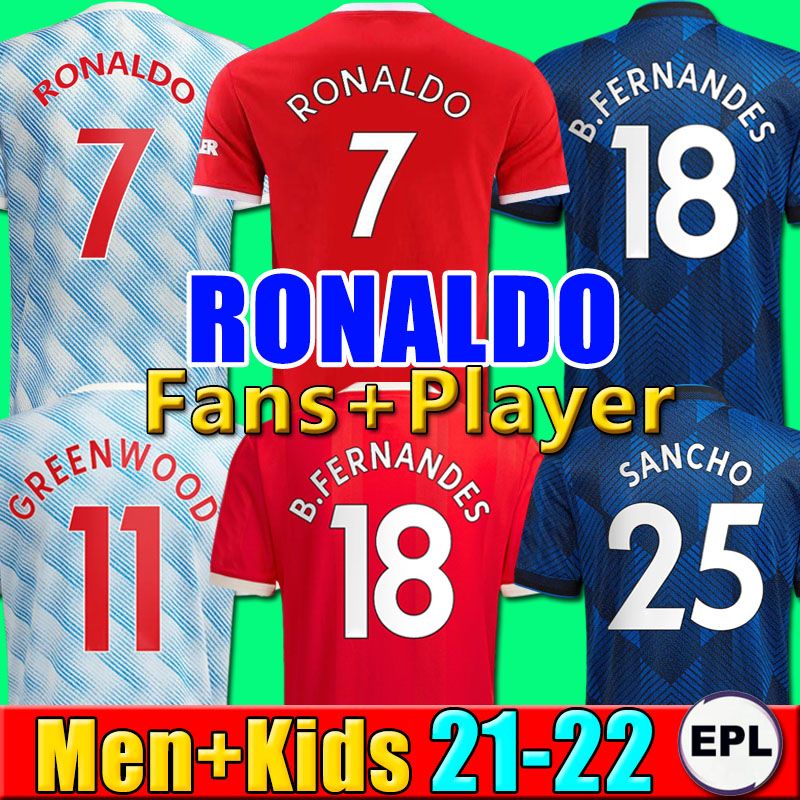 

RONALDO 21 22 SANCHO Manchester soccer jerseys UNITED Fans Player version MAN BRUNO FERNANDES LINGARD POGBA RASHFORD football shirt UTD 2021 2022 men kids kit sets, P13 21 22 away kids