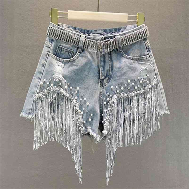 

in stock Europe Style Summer Women's Diamond Beading Sequin Tassel Denim Shorts Jeans Fashion Ladies All-match Trousers 210519, No including belt